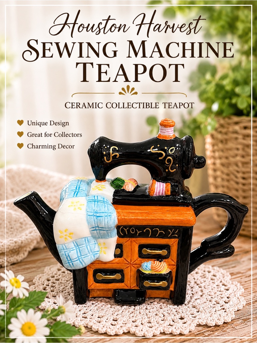 Houston Harvest Sewing Machine Ceramic Teapot
